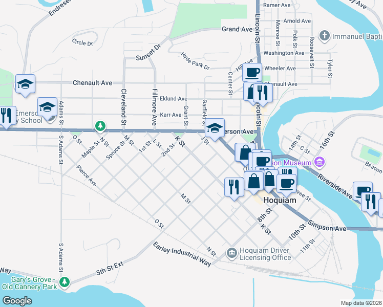 map of restaurants, bars, coffee shops, grocery stores, and more near 417 3rd Street in Hoquiam