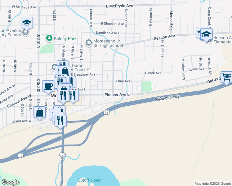 map of restaurants, bars, coffee shops, grocery stores, and more near 610 Pioneer Avenue East in Montesano