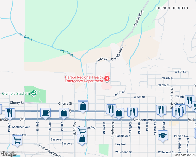 map of restaurants, bars, coffee shops, grocery stores, and more near 906 Oak Street in Aberdeen