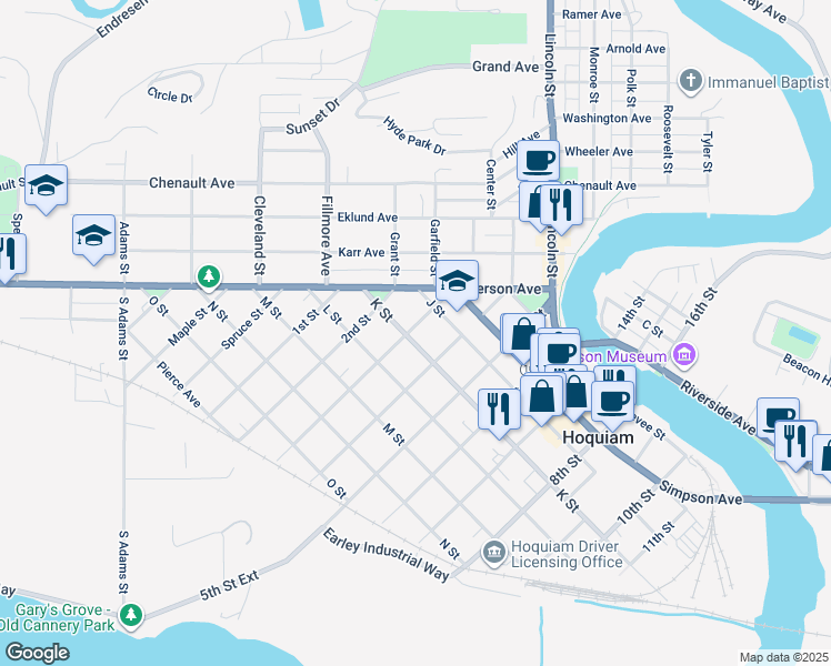 map of restaurants, bars, coffee shops, grocery stores, and more near 417 3rd Street in Hoquiam