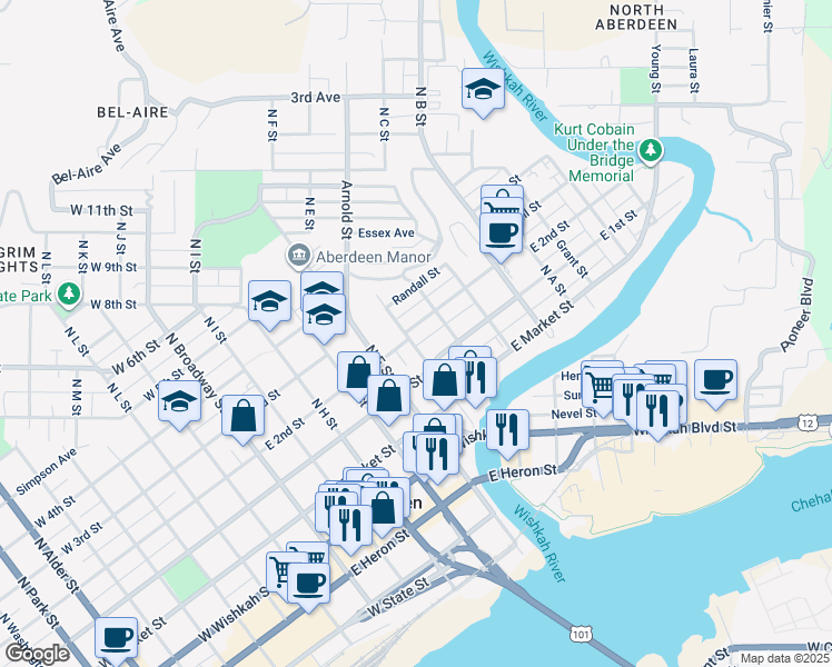 map of restaurants, bars, coffee shops, grocery stores, and more near 218 North E Street in Aberdeen