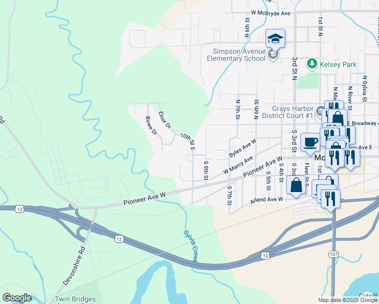 map of restaurants, bars, coffee shops, grocery stores, and more near 275 10th Street South in Montesano