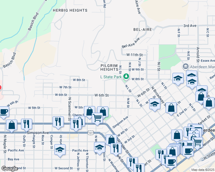 map of restaurants, bars, coffee shops, grocery stores, and more near 952 North Division Street in Aberdeen