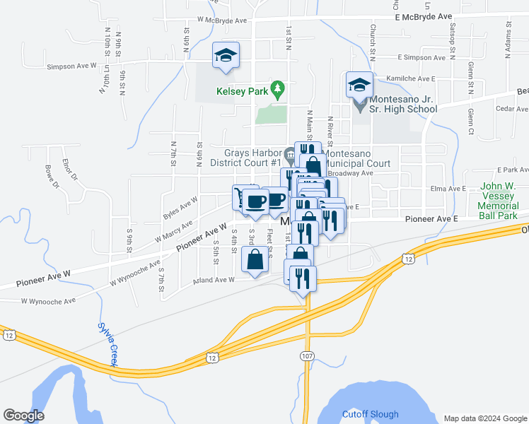 map of restaurants, bars, coffee shops, grocery stores, and more near 305 West Marcy Avenue in Montesano