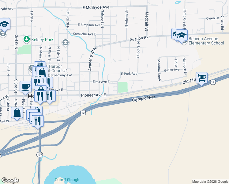 map of restaurants, bars, coffee shops, grocery stores, and more near 822 Pioneer Avenue East in Montesano