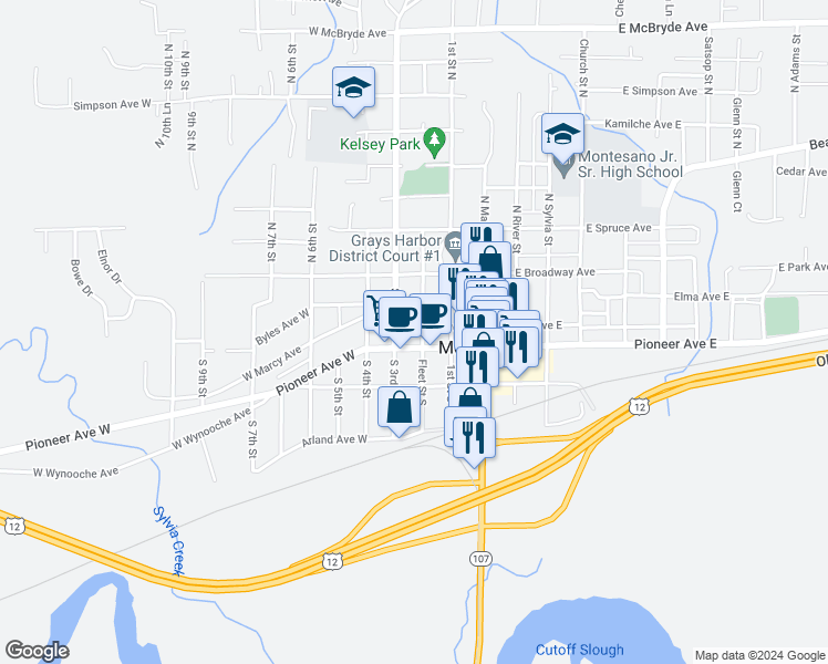 map of restaurants, bars, coffee shops, grocery stores, and more near 305 Marcy Ave W in Montesano