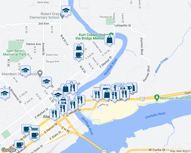 map of restaurants, bars, coffee shops, grocery stores, and more near 917 E Market St in Aberdeen