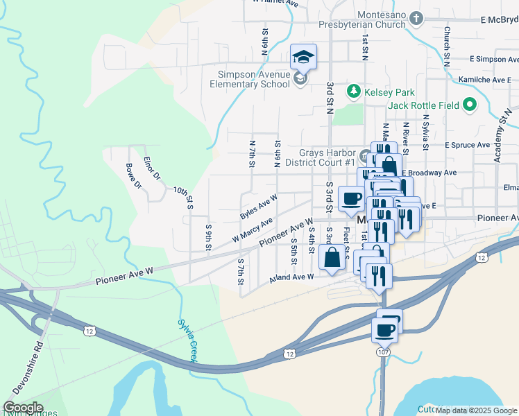map of restaurants, bars, coffee shops, grocery stores, and more near 744 West Byles Avenue in Montesano