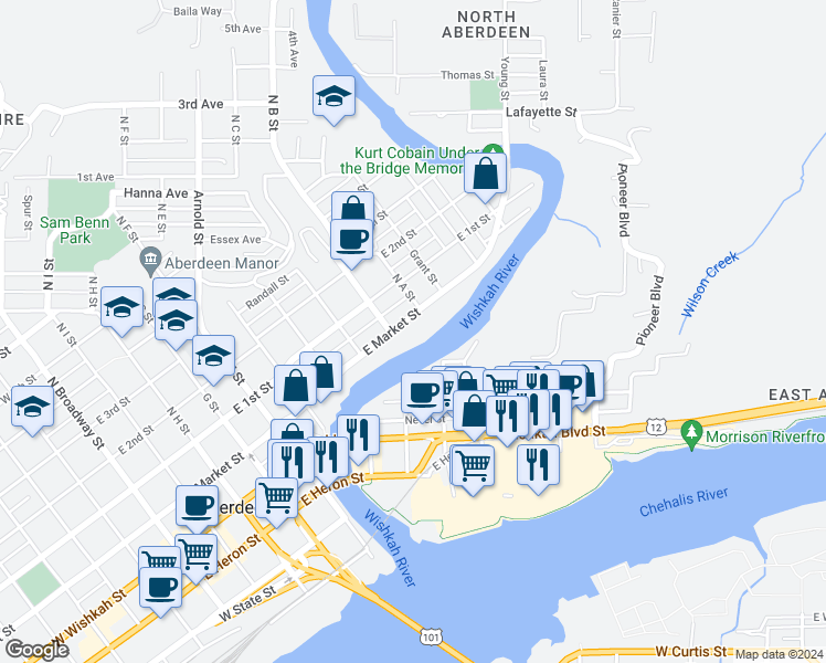 map of restaurants, bars, coffee shops, grocery stores, and more near 917 East Market Street in Aberdeen