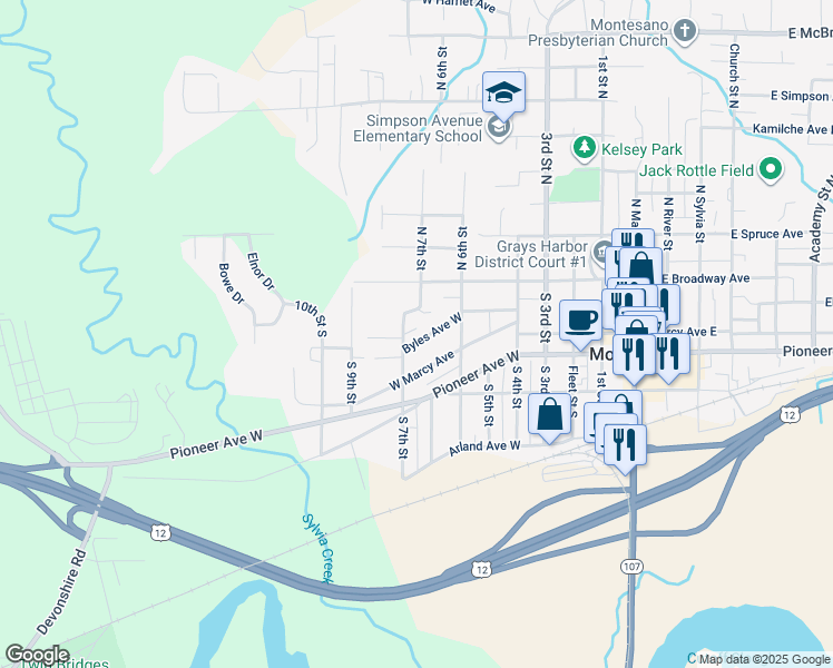 map of restaurants, bars, coffee shops, grocery stores, and more near 744 West Byles Avenue in Montesano