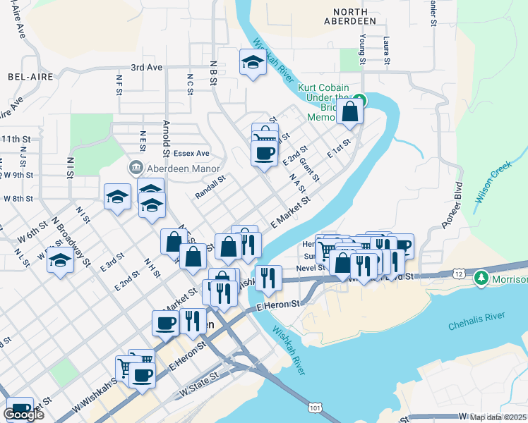 map of restaurants, bars, coffee shops, grocery stores, and more near 112 North C Street in Aberdeen