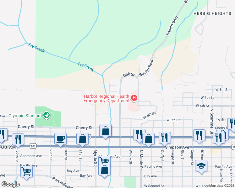 map of restaurants, bars, coffee shops, grocery stores, and more near 917 Oak Street in Aberdeen