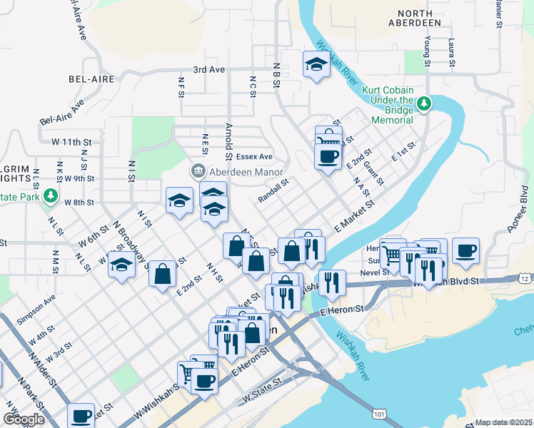 map of restaurants, bars, coffee shops, grocery stores, and more near 218 North E Street in Aberdeen