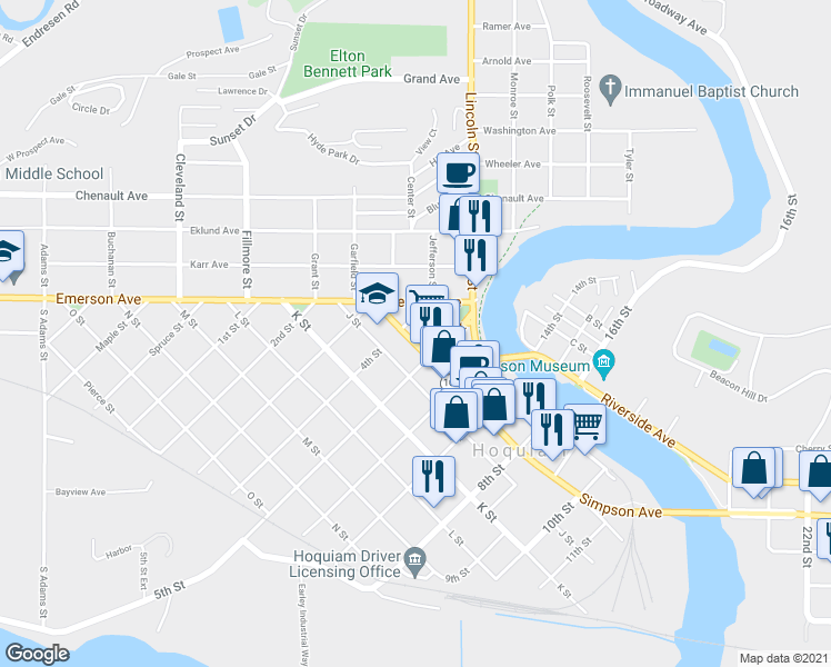 map of restaurants, bars, coffee shops, grocery stores, and more near 407 Simpson Avenue in Hoquiam