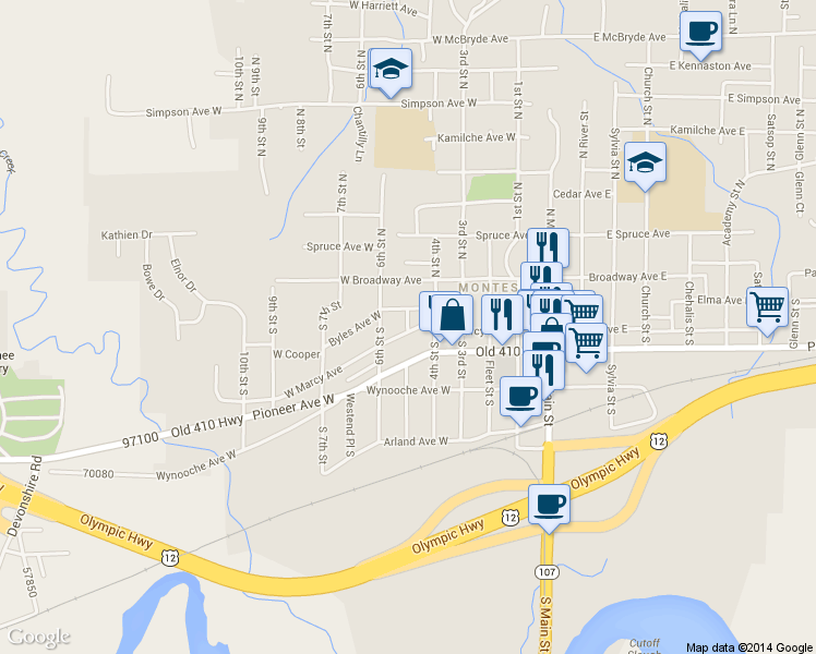 map of restaurants, bars, coffee shops, grocery stores, and more near 515 West Marcy Avenue in Montesano