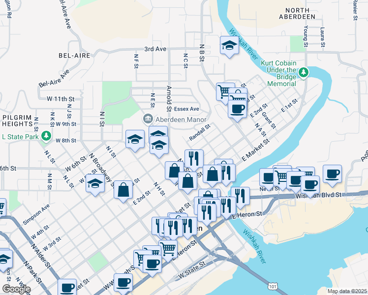 map of restaurants, bars, coffee shops, grocery stores, and more near 315 North E Street in Aberdeen