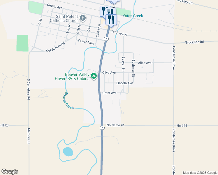 map of restaurants, bars, coffee shops, grocery stores, and more near 601-603 Wibaux Street in Wibaux