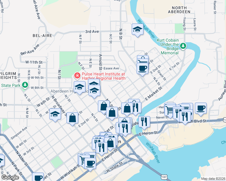 map of restaurants, bars, coffee shops, grocery stores, and more near 315 North E Street in Aberdeen