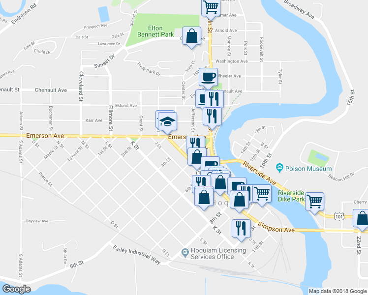 map of restaurants, bars, coffee shops, grocery stores, and more near 407 Simpson Avenue in Hoquiam