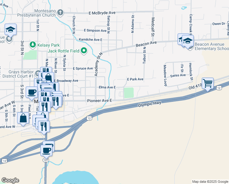 map of restaurants, bars, coffee shops, grocery stores, and more near 806 Pioneer Avenue East in Montesano