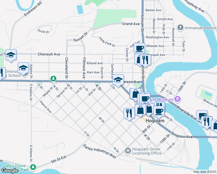 map of restaurants, bars, coffee shops, grocery stores, and more near 417 3rd Street in Hoquiam