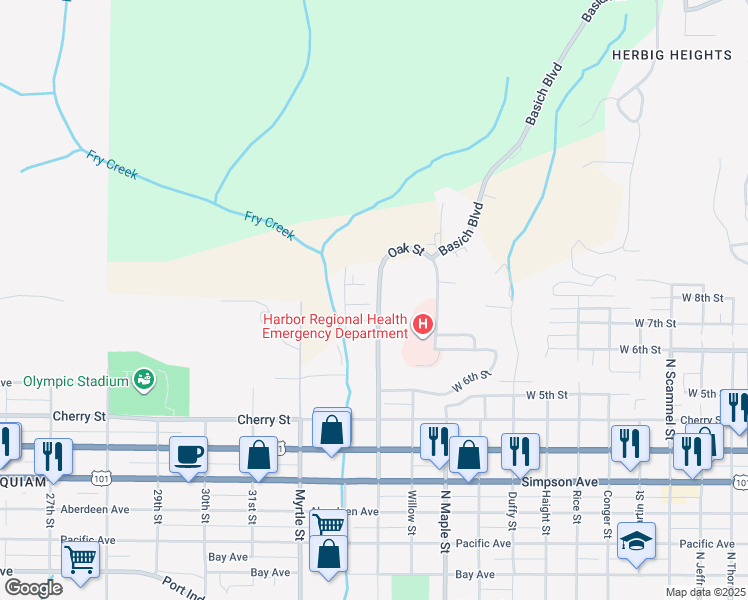 map of restaurants, bars, coffee shops, grocery stores, and more near 917 Oak Street in Aberdeen