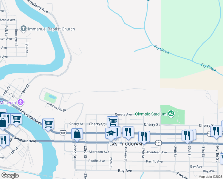 map of restaurants, bars, coffee shops, grocery stores, and more near 606 Beacon Hill Drive in Hoquiam