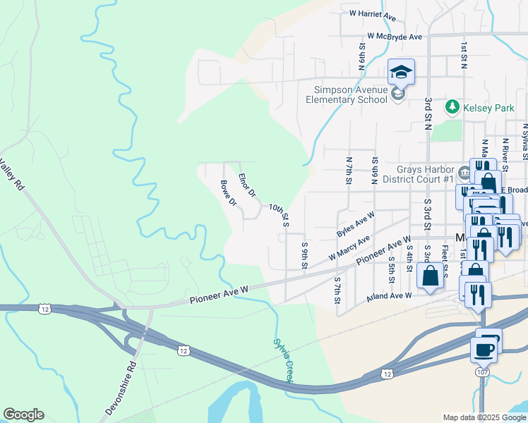 map of restaurants, bars, coffee shops, grocery stores, and more near 275 10th Street South in Montesano
