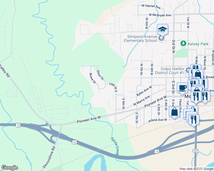 map of restaurants, bars, coffee shops, grocery stores, and more near 1205 Lawrence Drive in Montesano