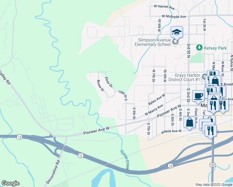 map of restaurants, bars, coffee shops, grocery stores, and more near 1205 Lawrence Drive in Montesano