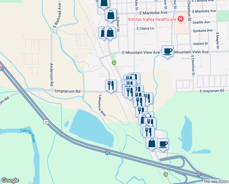 map of restaurants, bars, coffee shops, grocery stores, and more near 101 W Umptanum Road in Ellensburg