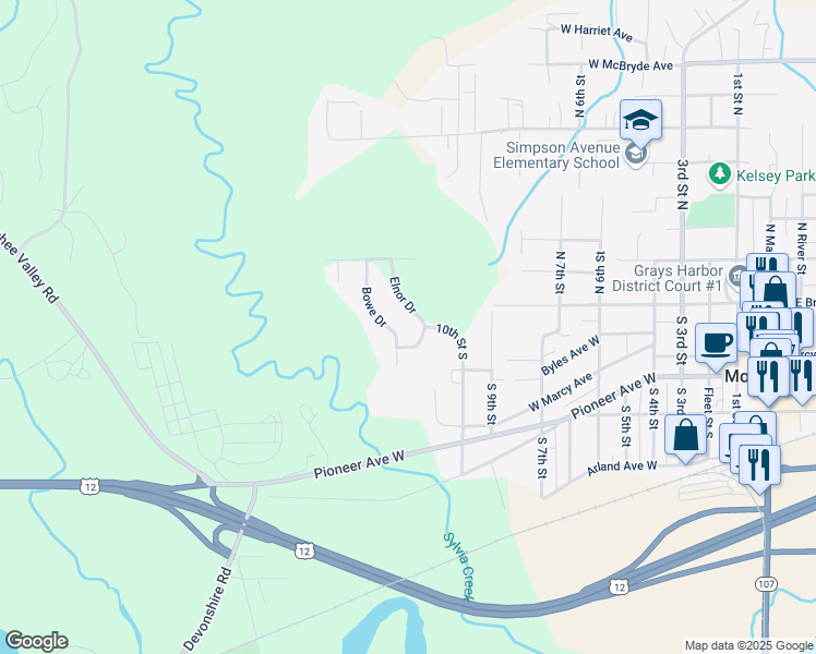 map of restaurants, bars, coffee shops, grocery stores, and more near 183 Elnor Drive in Montesano