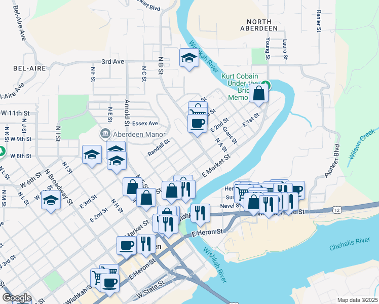 map of restaurants, bars, coffee shops, grocery stores, and more near 819 East 2nd Street in Aberdeen