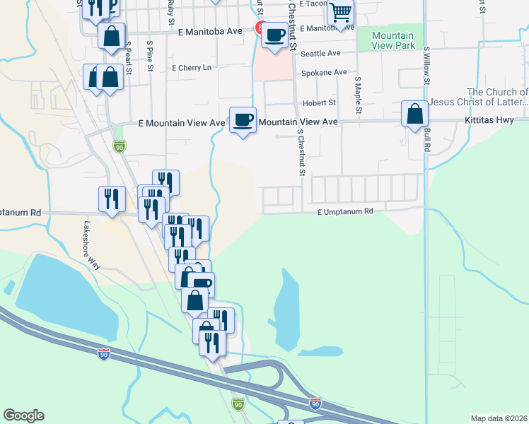 map of restaurants, bars, coffee shops, grocery stores, and more near 1201 East Umptanum Road in Ellensburg