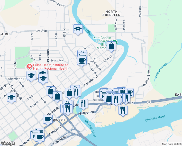 map of restaurants, bars, coffee shops, grocery stores, and more near 917 East 1st Street in Aberdeen