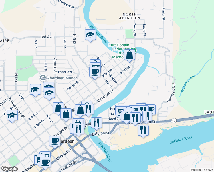 map of restaurants, bars, coffee shops, grocery stores, and more near 922 East 1st Street in Aberdeen