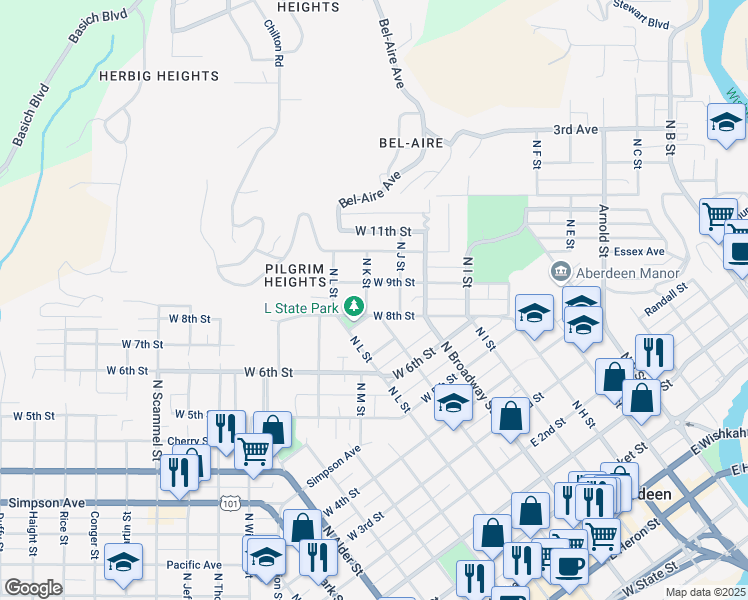 map of restaurants, bars, coffee shops, grocery stores, and more near 219 West 9th Street in Aberdeen