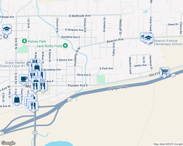 map of restaurants, bars, coffee shops, grocery stores, and more near 718 Elma Avenue East in Montesano