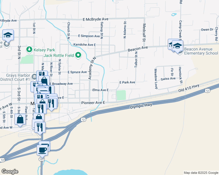 map of restaurants, bars, coffee shops, grocery stores, and more near 718 Elma Avenue East in Montesano