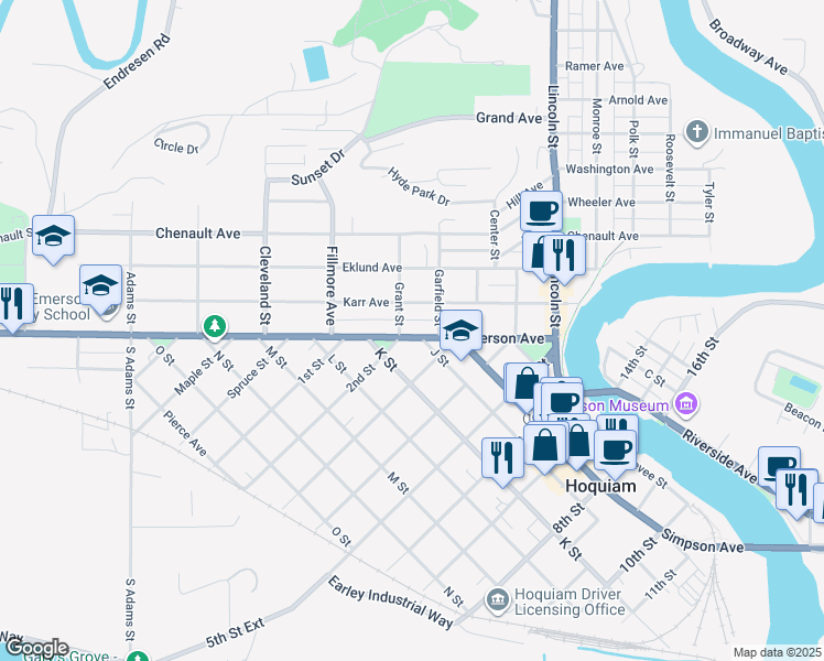 map of restaurants, bars, coffee shops, grocery stores, and more near 511 Emerson Avenue in Hoquiam