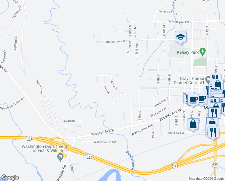 map of restaurants, bars, coffee shops, grocery stores, and more near 183 Elnor Drive in Montesano