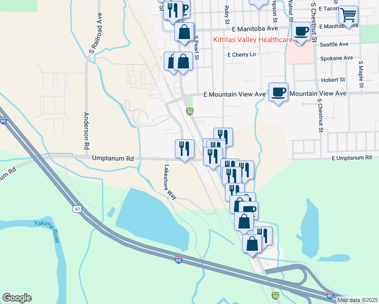 map of restaurants, bars, coffee shops, grocery stores, and more near 101 Umptanum Road in Ellensburg