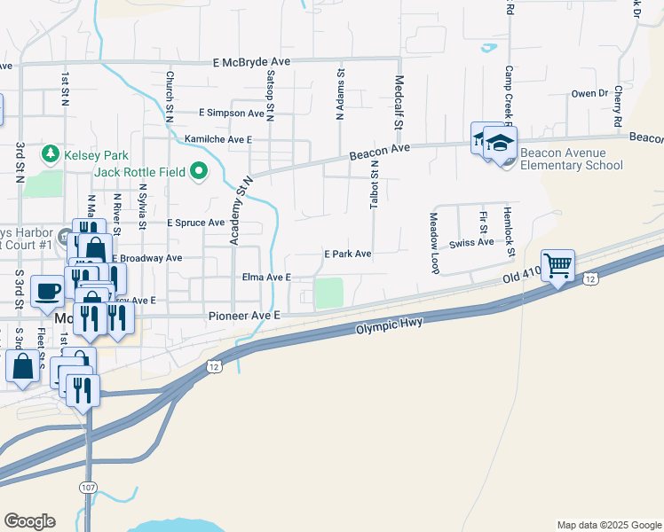 map of restaurants, bars, coffee shops, grocery stores, and more near 110 Blakeley Street North in Montesano