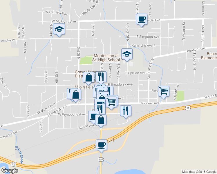 map of restaurants, bars, coffee shops, grocery stores, and more near 121 Broadway Avenue East in Montesano