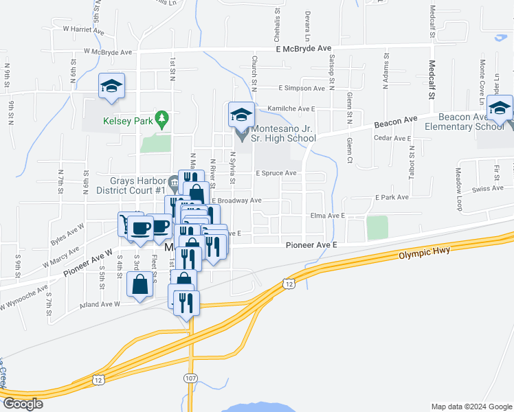 map of restaurants, bars, coffee shops, grocery stores, and more near 405 East Broadway Avenue in Montesano