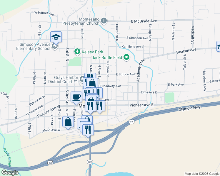 map of restaurants, bars, coffee shops, grocery stores, and more near 224 East Broadway Avenue in Montesano