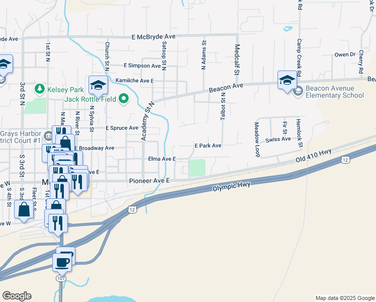 map of restaurants, bars, coffee shops, grocery stores, and more near 110 Blakeley Street North in Montesano