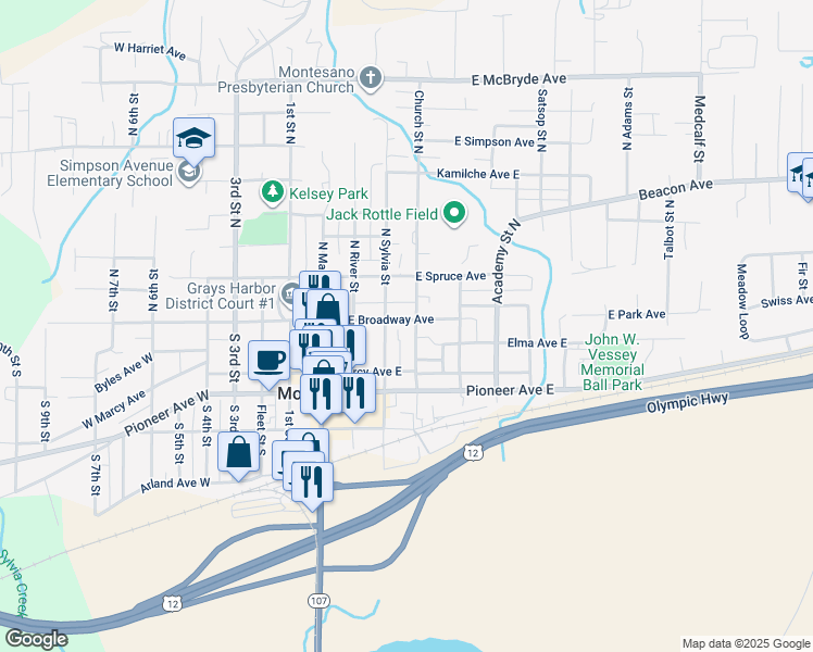 map of restaurants, bars, coffee shops, grocery stores, and more near 405 East Broadway Avenue in Montesano