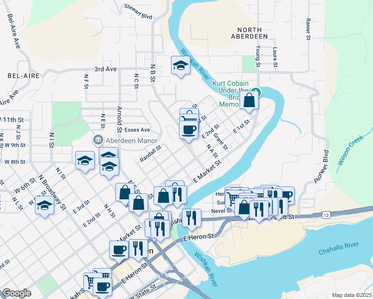 map of restaurants, bars, coffee shops, grocery stores, and more near 819 East 2nd Street in Aberdeen