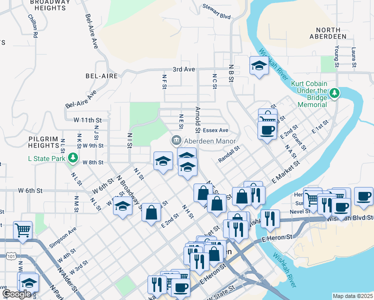 map of restaurants, bars, coffee shops, grocery stores, and more near 515 East 5th Street in Aberdeen
